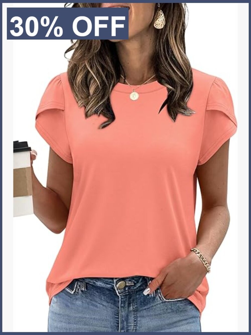 Short Sleeve Blouse Petal Sleeve Crewneck Flowy Hem Soft Lightweight Business